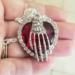 Handmade Jewelry Large Crystal Heart Necklace Skeleton Hand